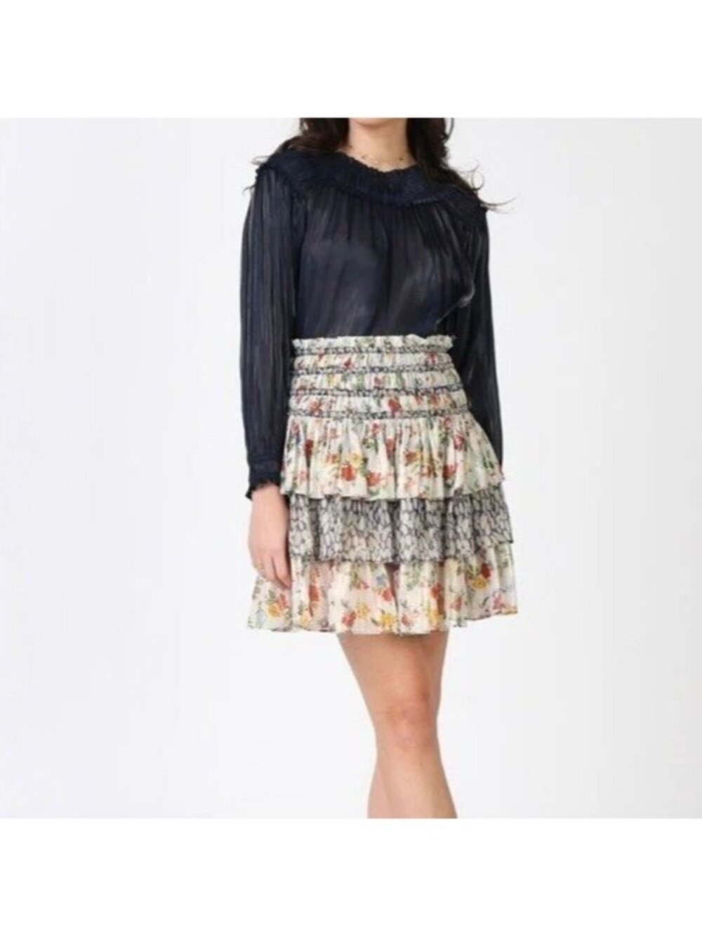 Current Air Women's S Smocked Waist Floral & Leaf Print Tiered Mini Skirt C0624